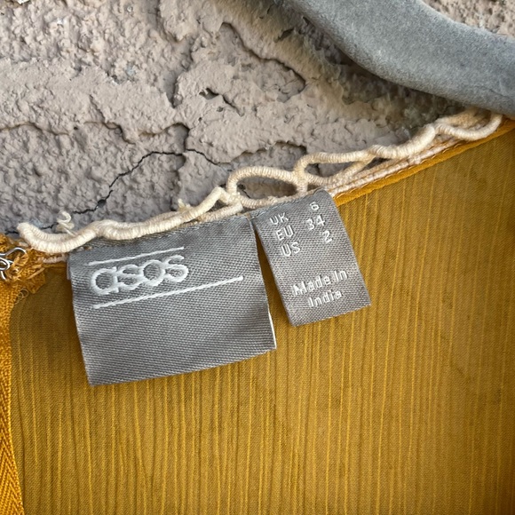 ASOS Mustard Yellow Saffron Chiffon Boho Lace Crochet Ruched Mini Dress - Picture 7 of 13